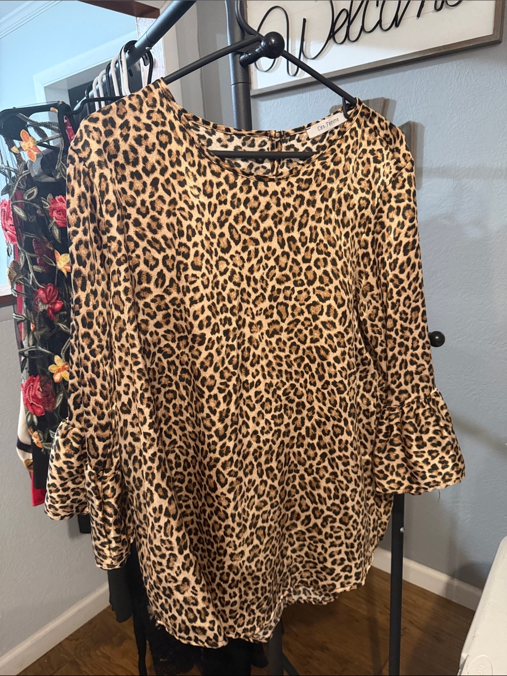 Ces Femme Leopard Print Ruffle Sleeve Tunic - Tan & Black